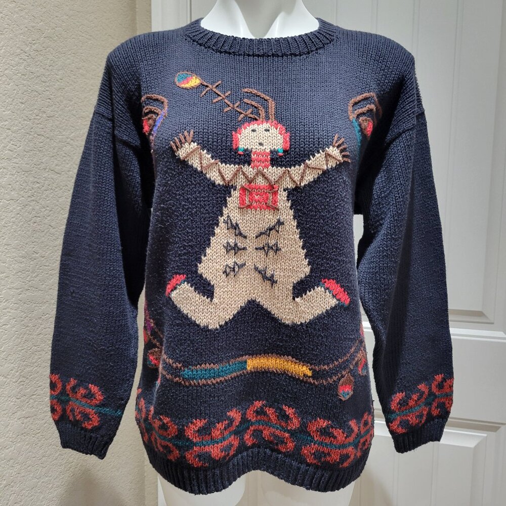 Lumy Hand Knitted Peru Size MEDIUM Crew Pullover Sweater Southwest Tribal Black